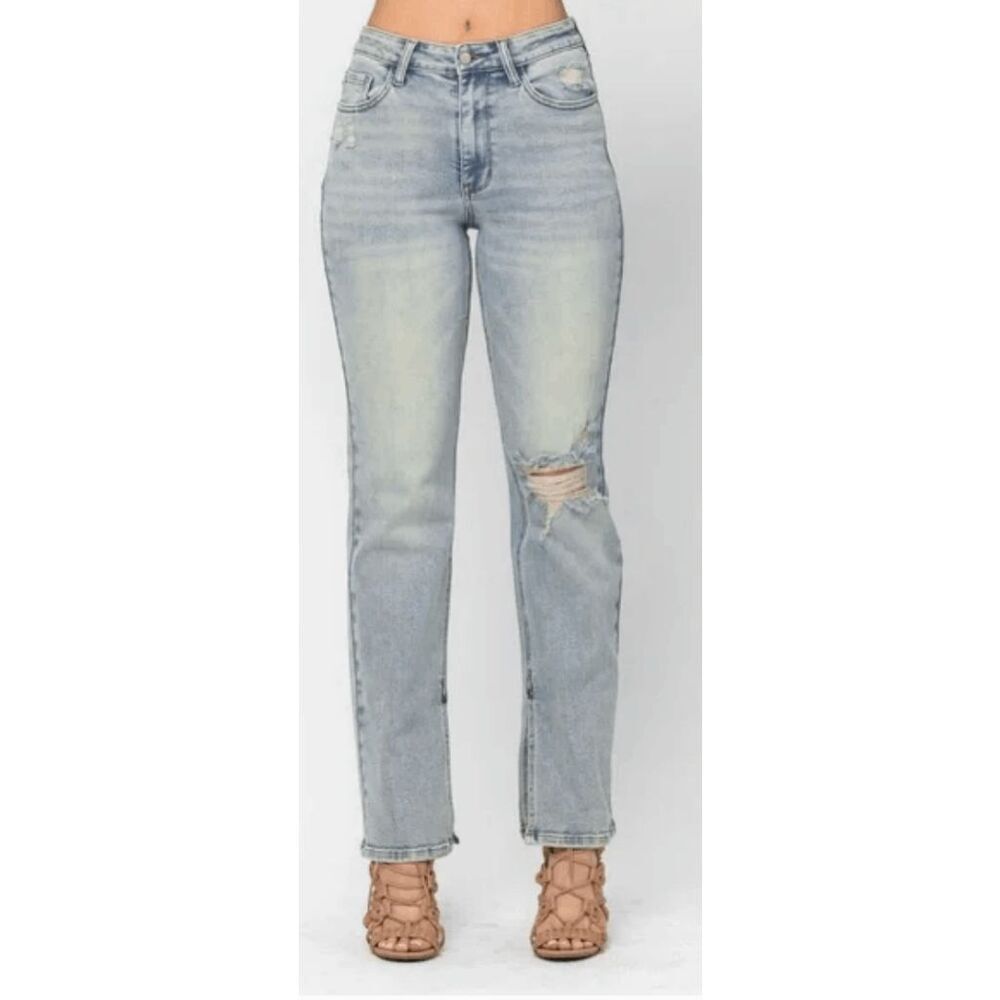 Judy Blue NWT High Rise Slit Hem Straight Leg Jeans JB88511 32” In Light Blue 7 - Picture 2 of 5